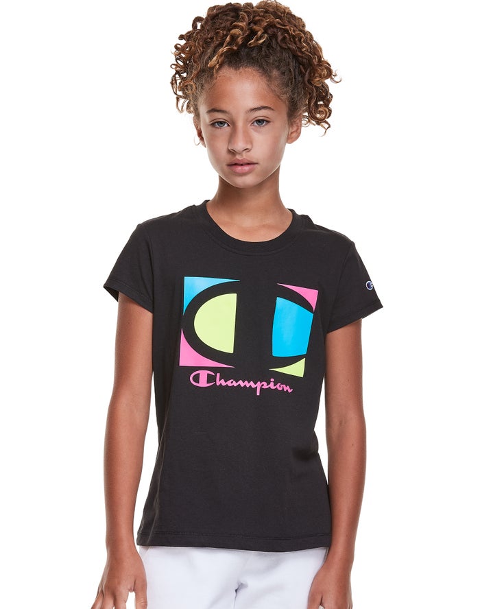 Champion Classic Graphic Colorblock Logo T-Shirt Meisjes - Zwart - Belgie 9832FBUHO